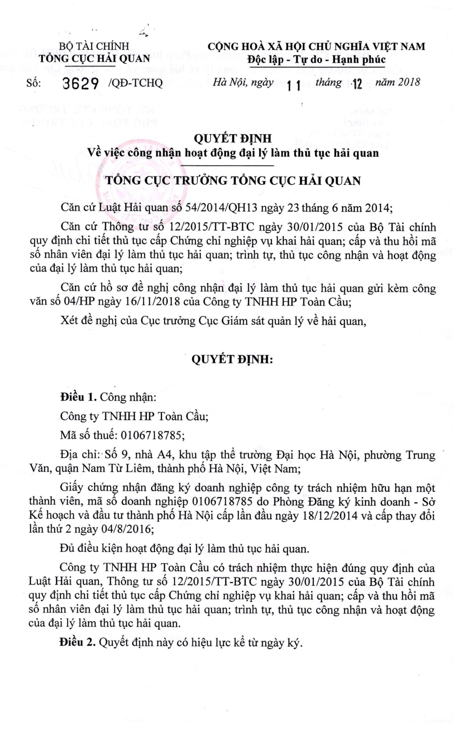 Giấy chứng nhận đại lý hải quan 2